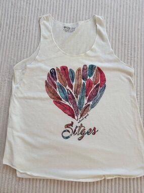 NWOT Sitges Spain Native White Tank Top with Colorful Feather Heart Graphic